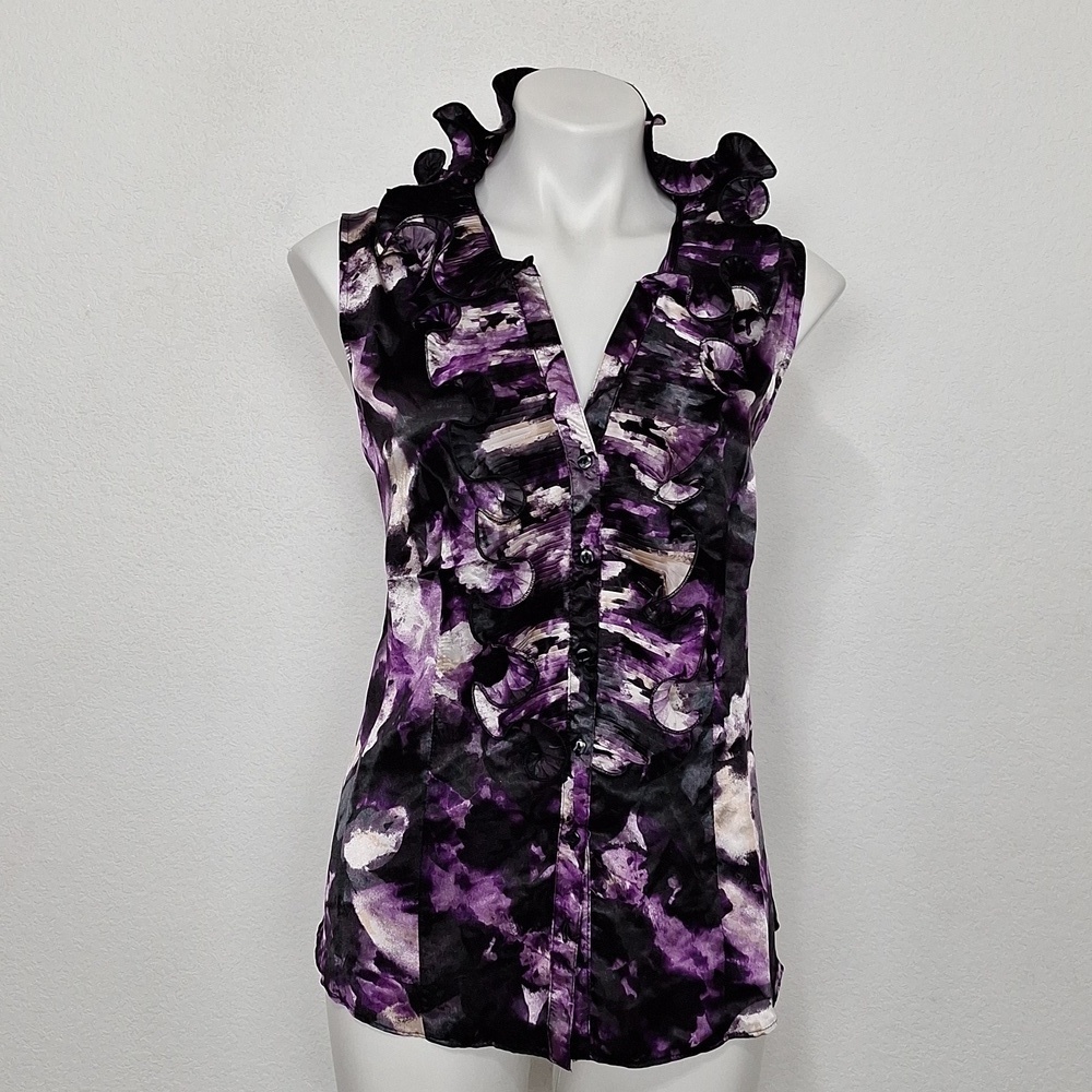 Sami & Jo Sleeveless Purple White Abstract Print Top With Ruffles Size XL